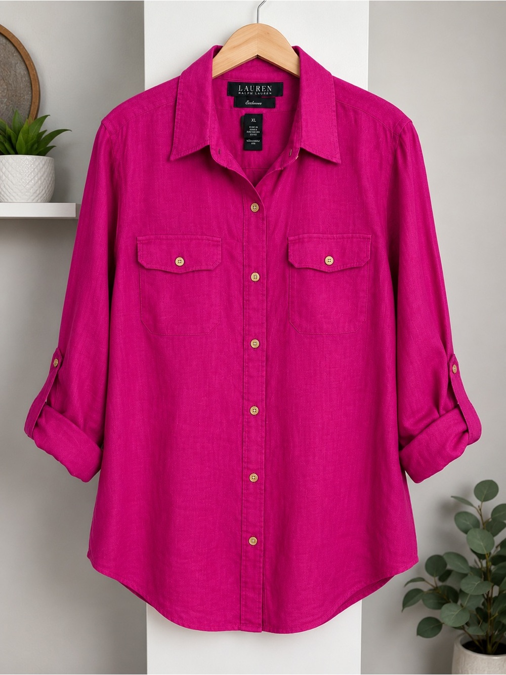 Lauren Ralph Lauren Exclusive 100% Linen Fuchsia Button-Up Shirt XL Roll Tab